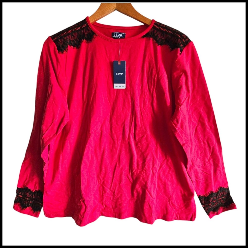 IZOD Lace Trim Long Sleeve Top Blouse Casual Comfy Red XXL NWT